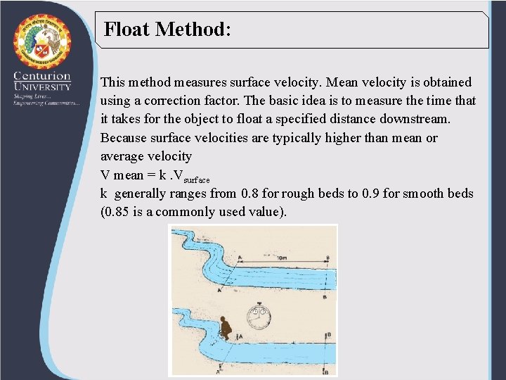 Float Method: This method measures surface velocity. Mean velocity is obtained using a correction