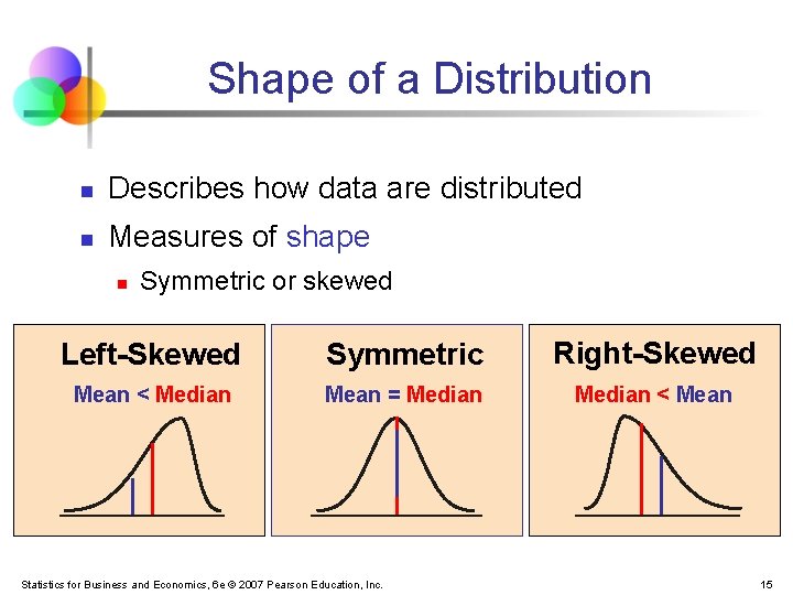 Shape of a Distribution n Describes how data are distributed n Measures of shape