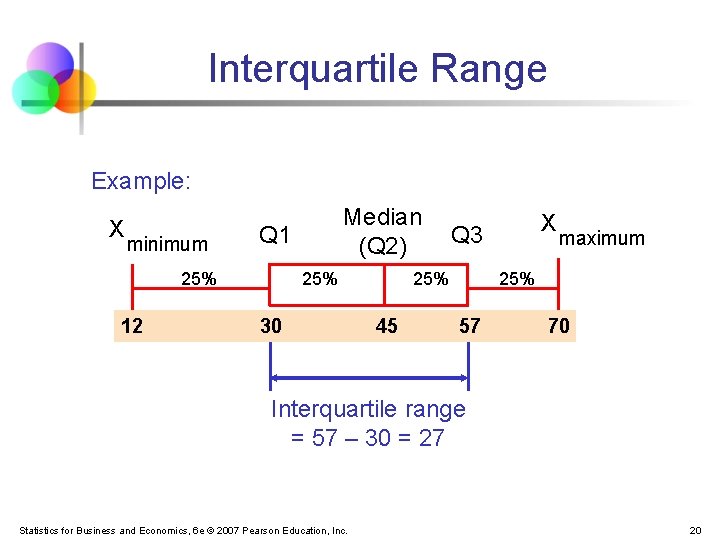 Interquartile Range Example: X minimum Q 1 25% 12 Median (Q 2) 25% 30