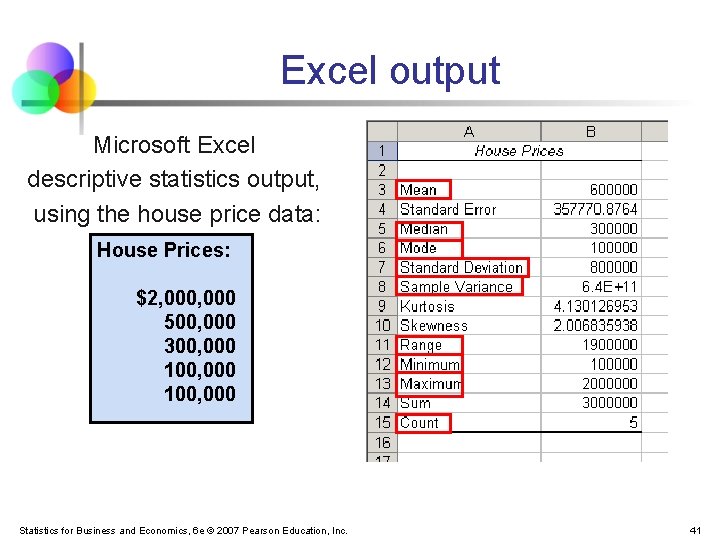 Excel output Microsoft Excel descriptive statistics output, using the house price data: House Prices: