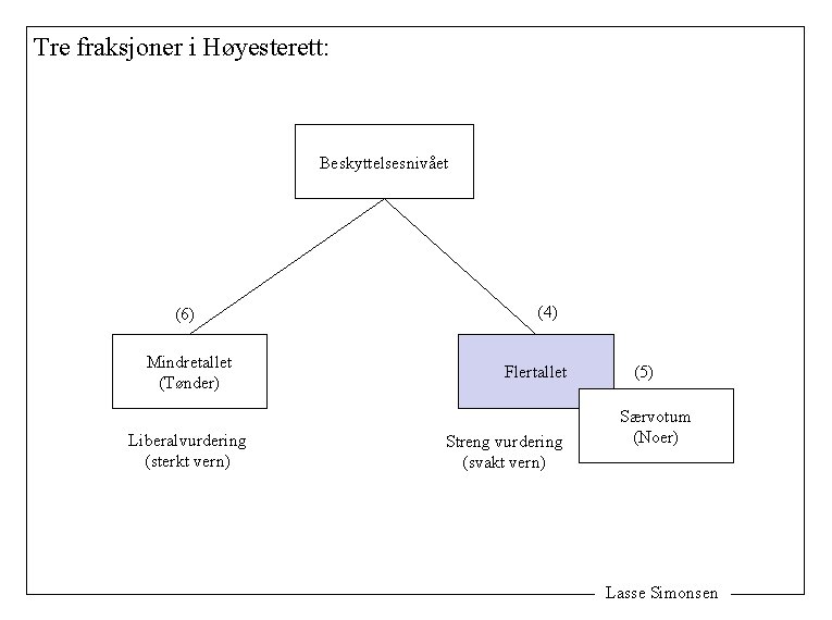 Tre fraksjoner i Høyesterett: Beskyttelsesnivået (6) Mindretallet (Tønder) Liberalvurdering (sterkt vern) (4) Flertallet Streng