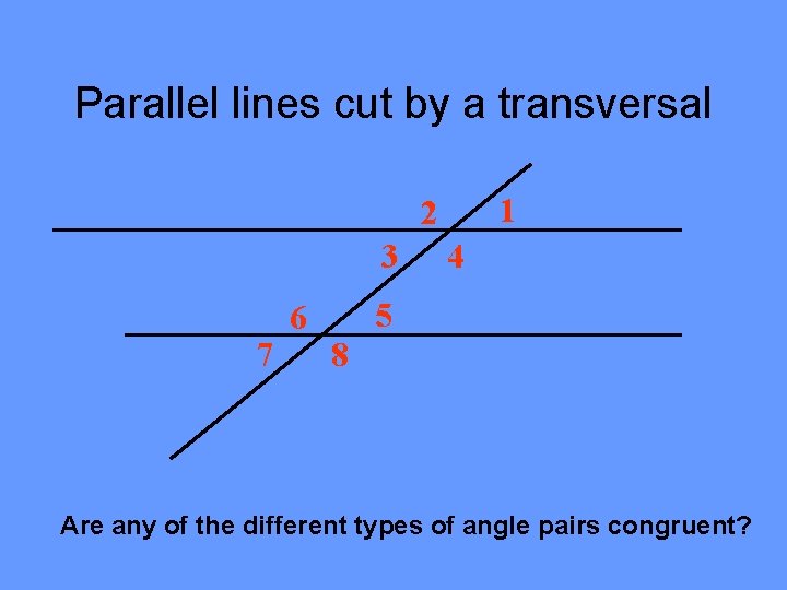 Parallel lines cut by a transversal 1 2 3 7 6 4 5 8