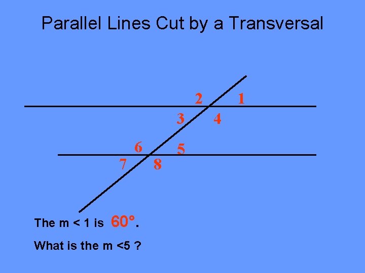 Parallel Lines Cut by a Transversal 2 3 7 The m < 1 is Parallel Lines Cut by a Transversal 2 3 7 The m < 1 is