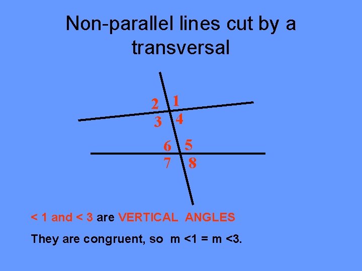 Non-parallel lines cut by a transversal 2 1 3 4 6 5 7 8