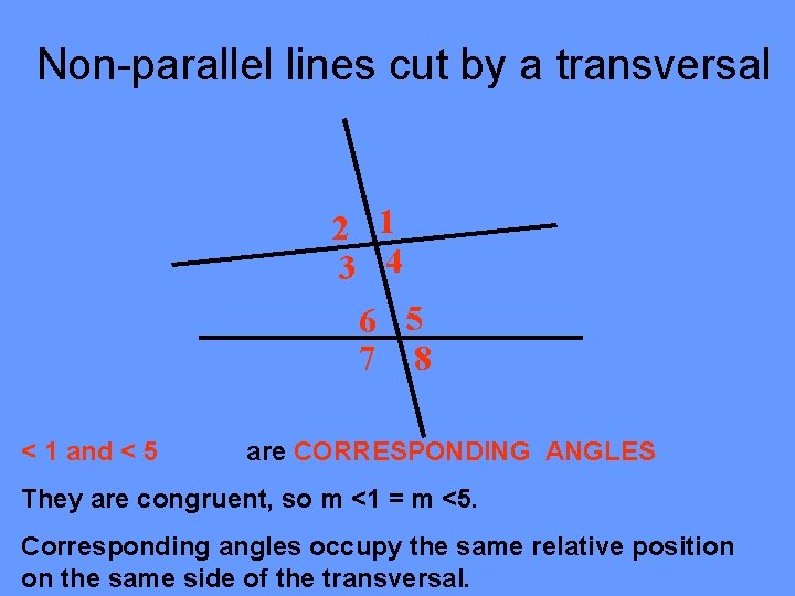 Non-parallel lines cut by a transversal 2 1 3 4 6 5 7 8