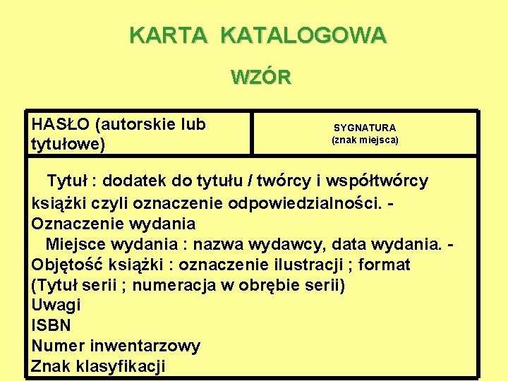 KARTA KATALOGOWA WZÓR HASŁO (autorskie lub tytułowe) SYGNATURA (znak miejsca) Tytuł : dodatek do