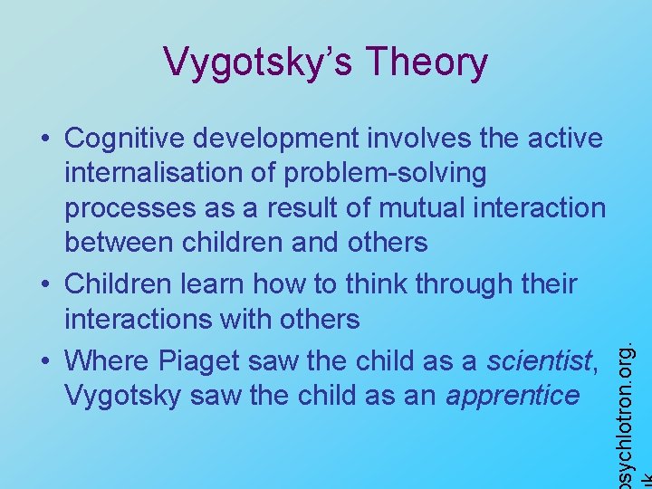  • Cognitive development involves the active internalisation of problem-solving processes as a result