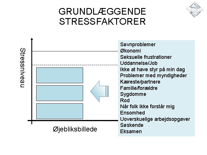 GRUNDLÆGGENDE STRESSFAKTORER Stressniveau Øjebliksbillede Søvnproblemer Økonomi Sårbarhed Seksuelle frustrationer Uddannelse/Job Ikke at have styr