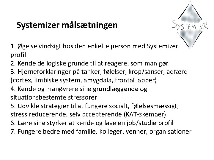 Systemizer målsætningen 1. Øge selvindsigt hos den enkelte person med Systemizer profil 2. Kende