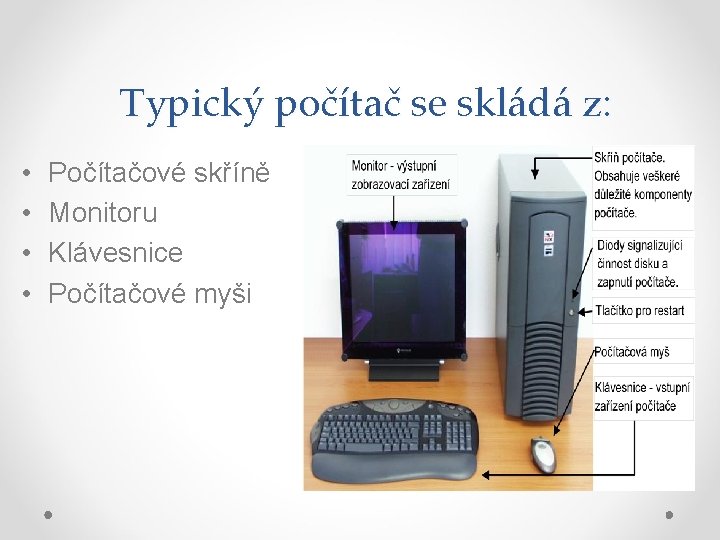 Typický počítač se skládá z: • • Počítačové skříně Monitoru Klávesnice Počítačové myši 