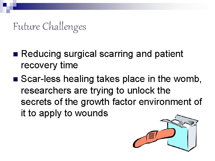Future Challenges Reducing surgical scarring and patient recovery time n Scar-less healing takes place