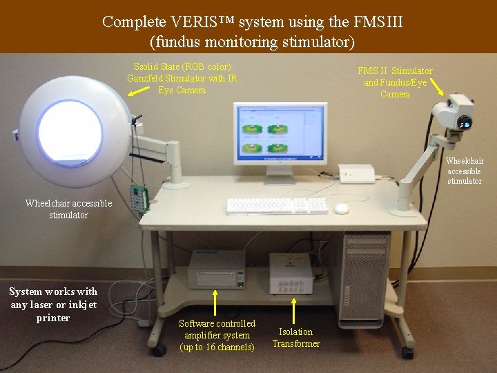 Complete VERIS™ system using the FMSIII (fundus monitoring stimulator) Ssolid State (RGB color) Ganzfeld