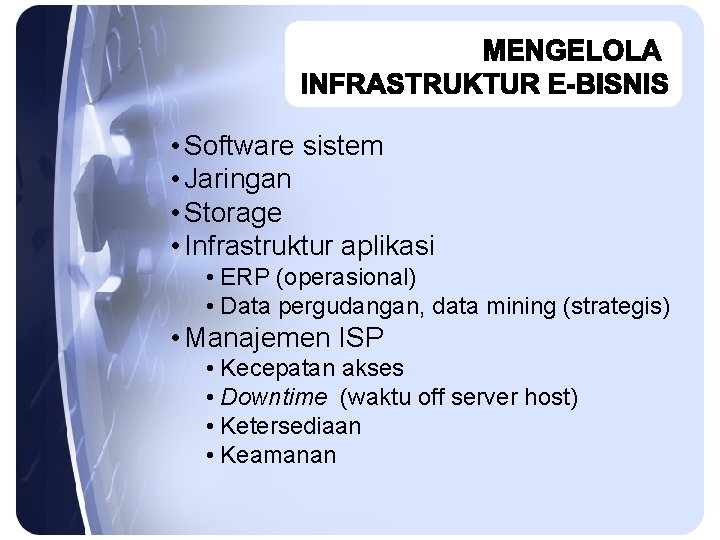  • Software sistem • Jaringan • Storage • Infrastruktur aplikasi • ERP (operasional)