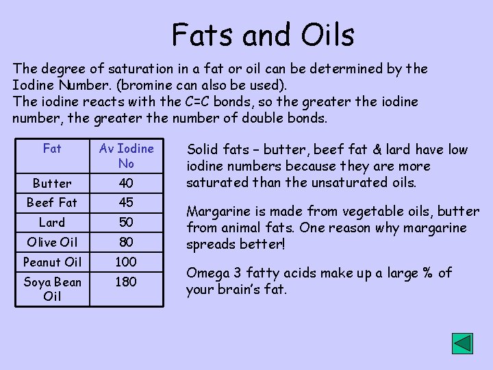 Fats and Oils The degree of saturation in a fat or oil can be