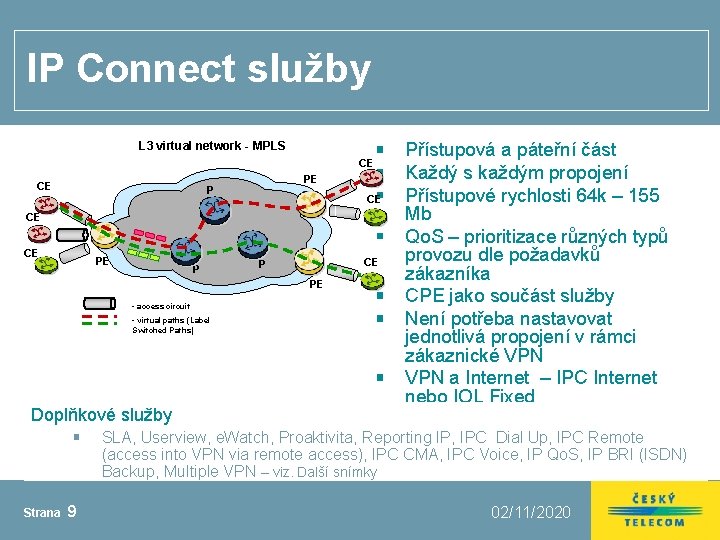 IP Connect služby L 3 virtual network - MPLS CE CE PE P CE