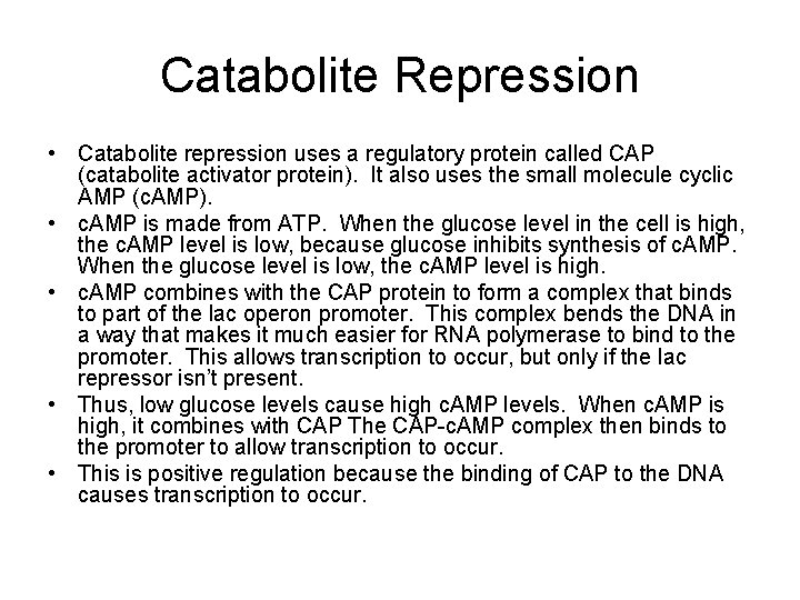 Catabolite Repression • Catabolite repression uses a regulatory protein called CAP (catabolite activator protein).