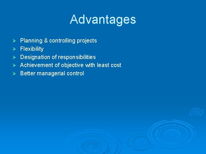 Advantages Ø Ø Ø Planning & controlling projects Flexibility Designation of responsibilities Achievement of