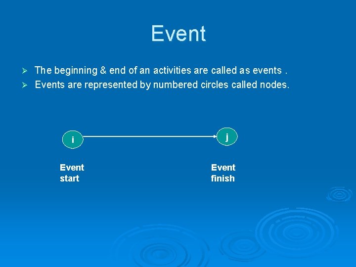 Event The beginning & end of an activities are called as events. Ø Events