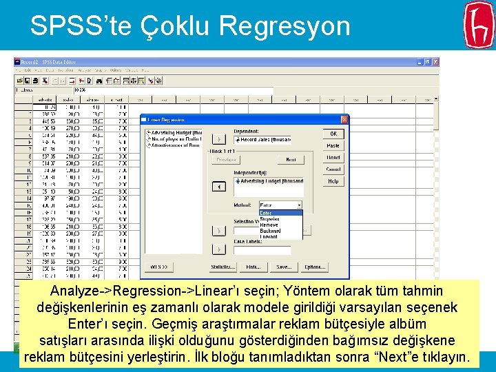 SPSS’te Çoklu Regresyon Analyze->Regression->Linear’ı seçin; Yöntem olarak tüm tahmin değişkenlerinin eş zamanlı olarak modele
