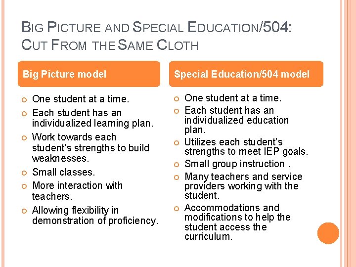 BIG PICTURE AND SPECIAL EDUCATION/504: CUT FROM THE SAME CLOTH Big Picture model One