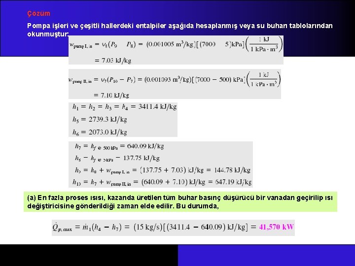 Çözüm Pompa işleri ve çeşitli hallerdeki entalpiler aşağıda hesaplanmış veya su buharı tablolarından okunmuştur: