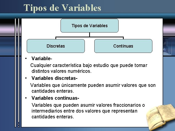 Tipos de Variables Discretas Contínuas • Variable. Cualquier característica bajo estudio que puede tomar