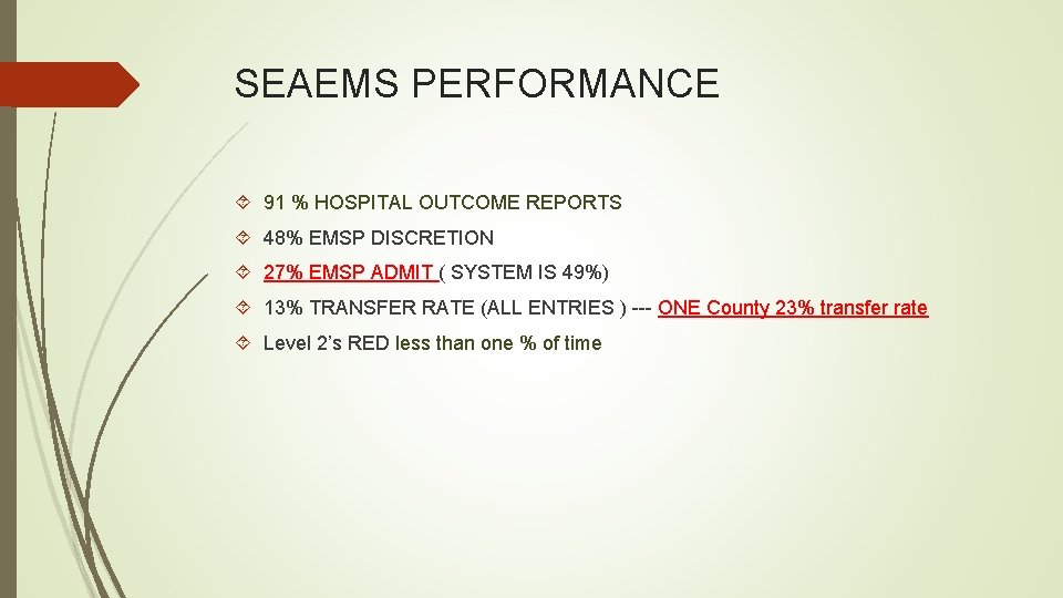 SEAEMS PERFORMANCE 91 % HOSPITAL OUTCOME REPORTS 48% EMSP DISCRETION 27% EMSP ADMIT (