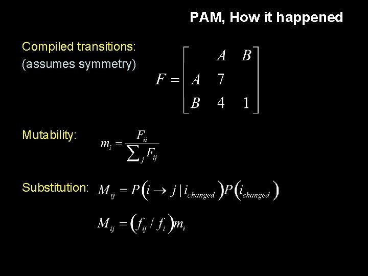 PAM, How it happened Compiled transitions: (assumes symmetry) Mutability: Substitution: 