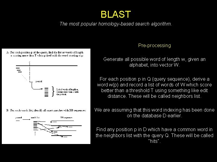 BLAST The most popular homology-based search algorithm. Pre-processing Generate all possible word of length