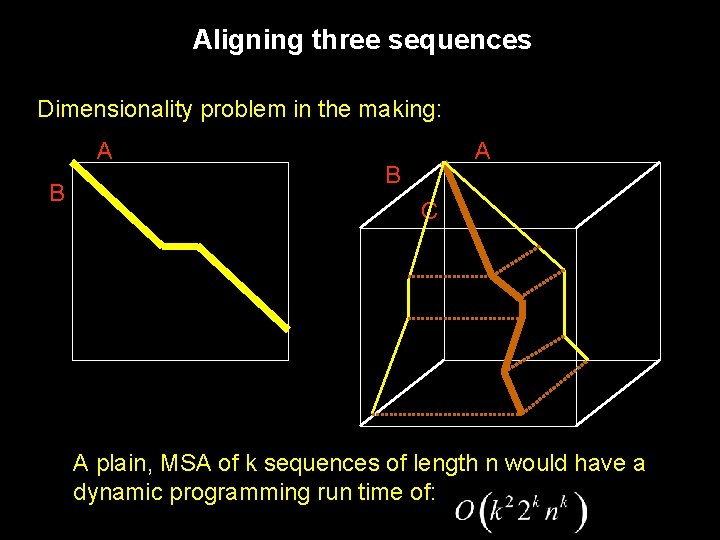 Aligning three sequences Dimensionality problem in the making: A B C A plain, MSA