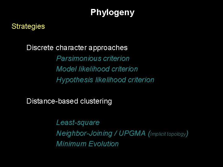 Phylogeny Strategies Discrete character approaches Parsimonious criterion Model likelihood criterion Hypothesis likelihood criterion Distance-based