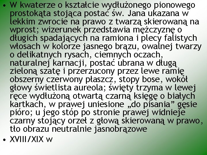  • W kwaterze o kształcie wydłużonego pionowego prostokąta stojąca postać św. Jana ukazana