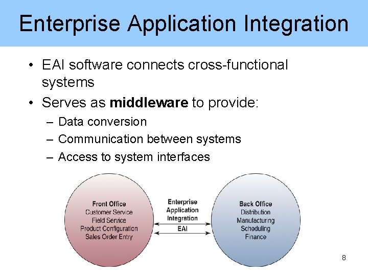 Enterprise Application Integration • EAI software connects cross-functional systems • Serves as middleware to