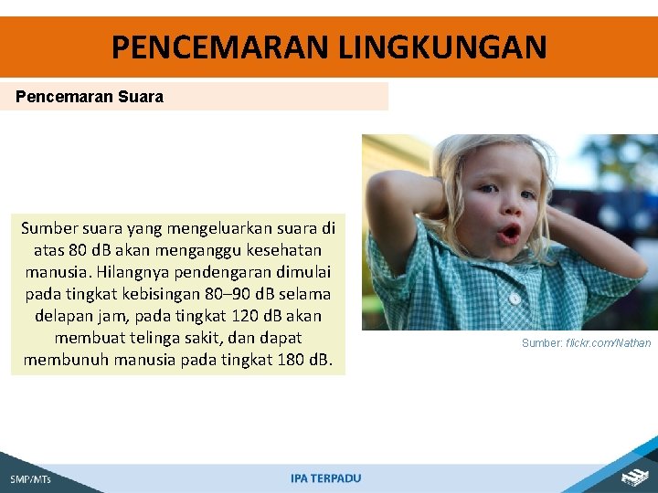 PENCEMARAN LINGKUNGAN Pencemaran Suara Sumber suara yang mengeluarkan suara di atas 80 d. B