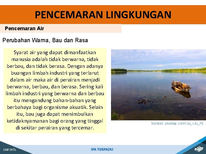 PENCEMARAN LINGKUNGAN Pencemaran Air Perubahan Warna, Bau dan Rasa Syarat air yang dapat dimanfaatkan