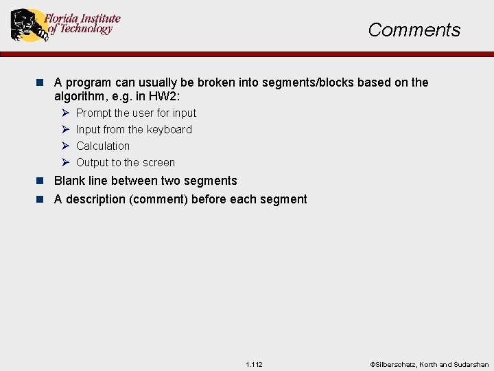 Comments n A program can usually be broken into segments/blocks based on the algorithm,