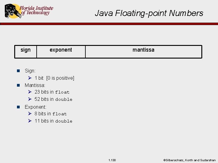 Java Floating-point Numbers sign n exponent mantissa Sign: Ø 1 bit [0 is positive]