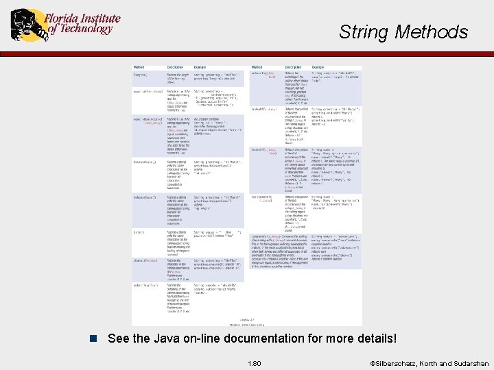 String Methods n See the Java on-line documentation for more details! 1. 80 ©Silberschatz,