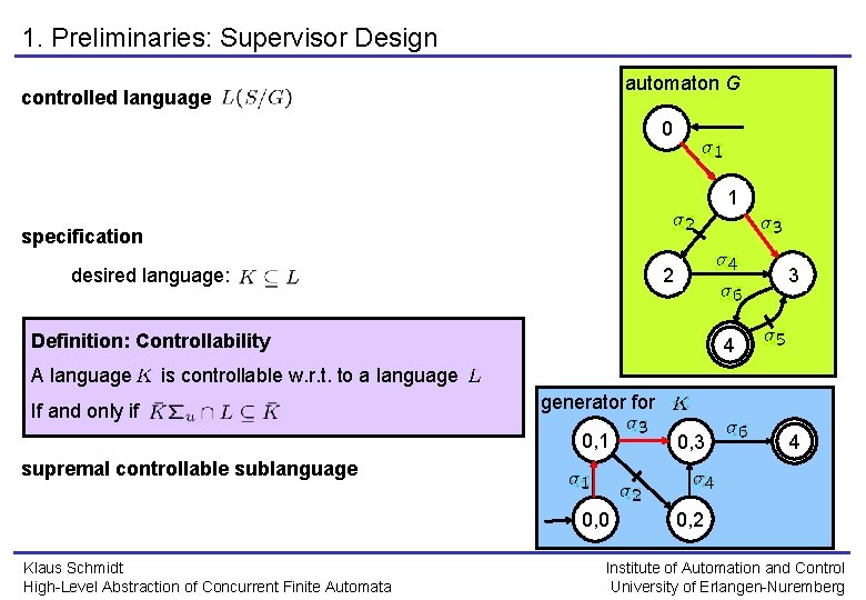 1. Preliminaries: Supervisor Design automaton G controlled language 0 1 specification 2 desired language: