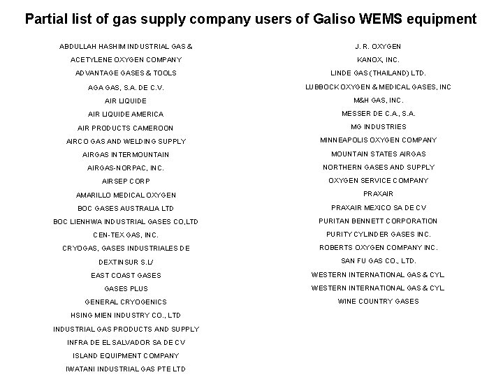 Partial list of gas supply company users of Galiso WEMS equipment ABDULLAH HASHIM INDUSTRIAL