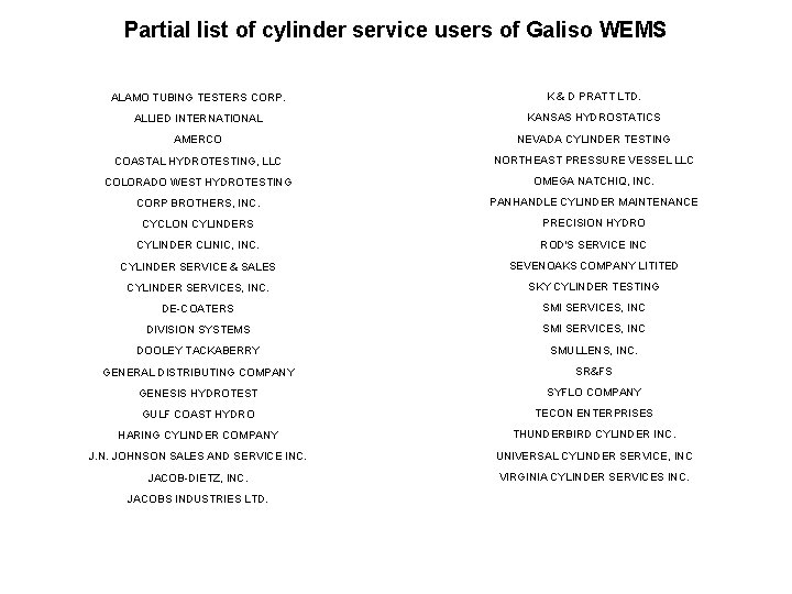 Partial list of cylinder service users of Galiso WEMS ALAMO TUBING TESTERS CORP. K