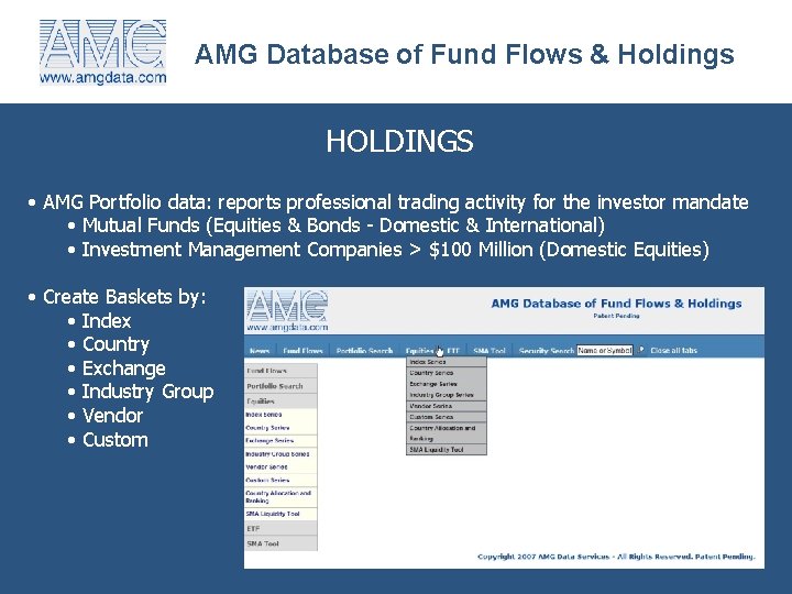 AMG Database of Fund Flows & Holdings HOLDINGS • AMG Portfolio data: reports professional