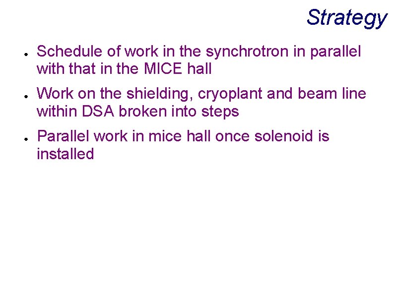 Strategy ● ● ● Schedule of work in the synchrotron in parallel with that