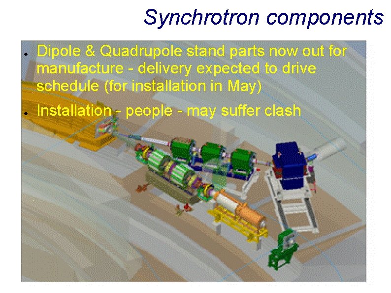 Synchrotron components ● ● Dipole & Quadrupole stand parts now out for manufacture -