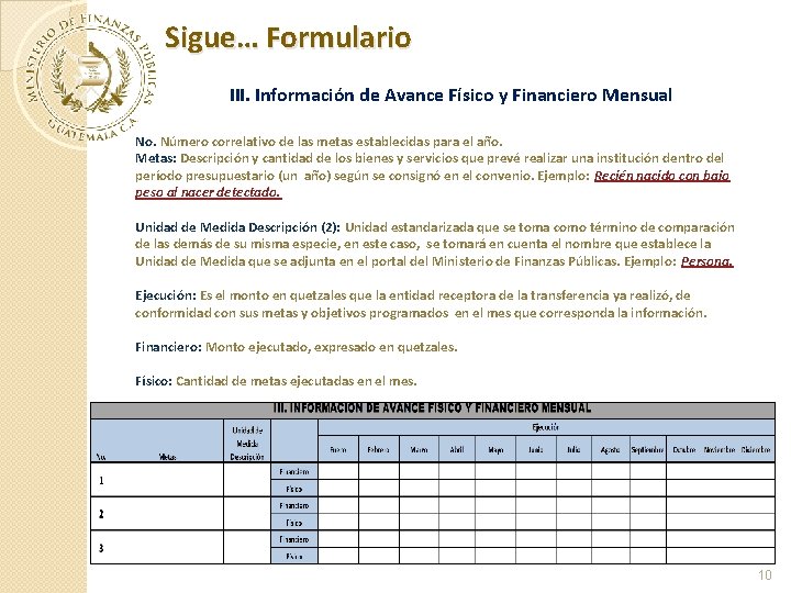 Sigue… Formulario III. Información de Avance Físico y Financiero Mensual No. Número correlativo de