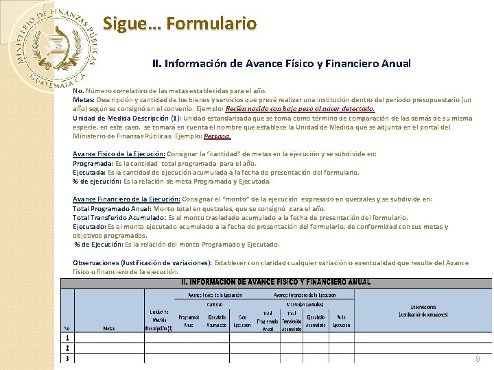 Sigue… Formulario II. Información de Avance Físico y Financiero Anual No. Número correlativo de