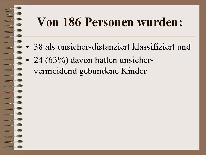 Von 186 Personen wurden: • 38 als unsicher-distanziert klassifiziert und • 24 (63%) davon