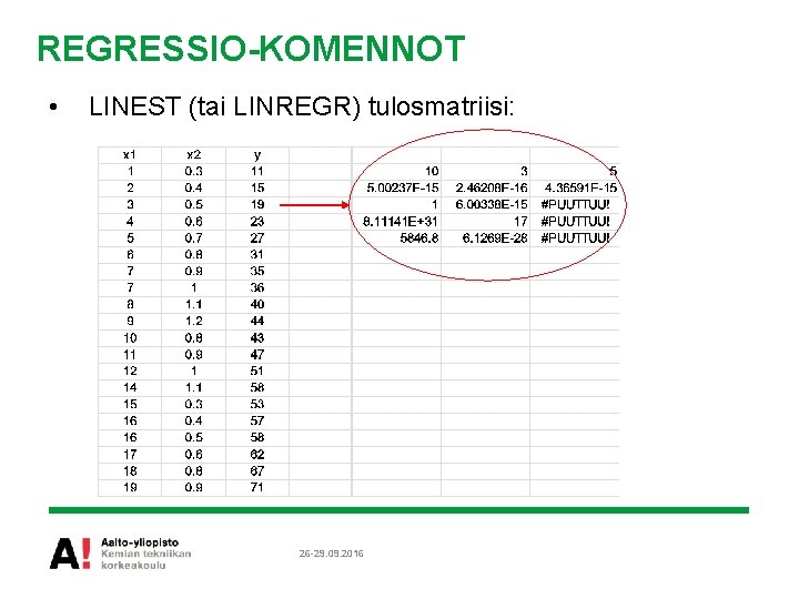 REGRESSIO-KOMENNOT • LINEST (tai LINREGR) tulosmatriisi: 26 -29. 09. 2016 