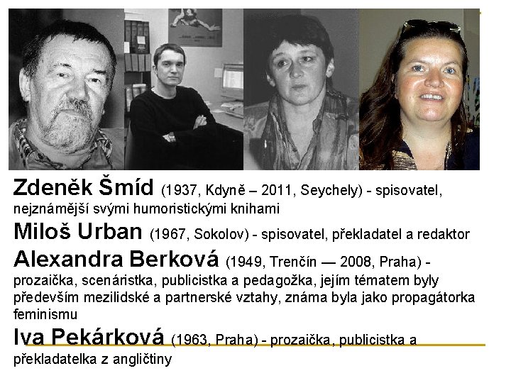 Zdeněk Šmíd (1937, Kdyně – 2011, Seychely) - spisovatel, nejznámější svými humoristickými knihami Miloš