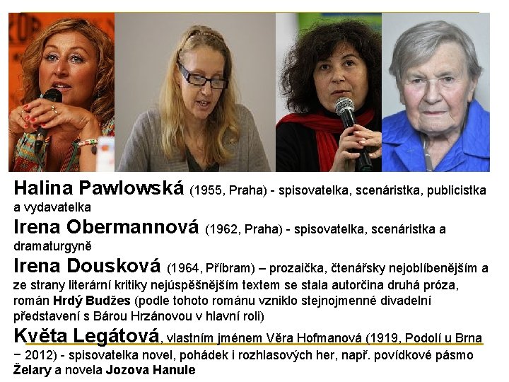 Halina Pawlowská (1955, Praha) - spisovatelka, scenáristka, publicistka a vydavatelka Irena Obermannová (1962, Praha)